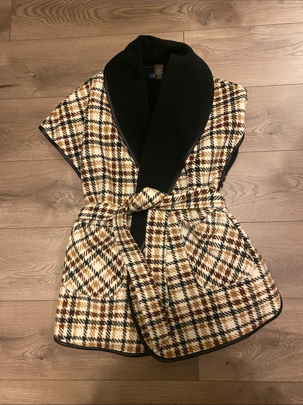 RACHEL Rachel Roy Black, Brown & Cream Plaid Belted Cape Vest